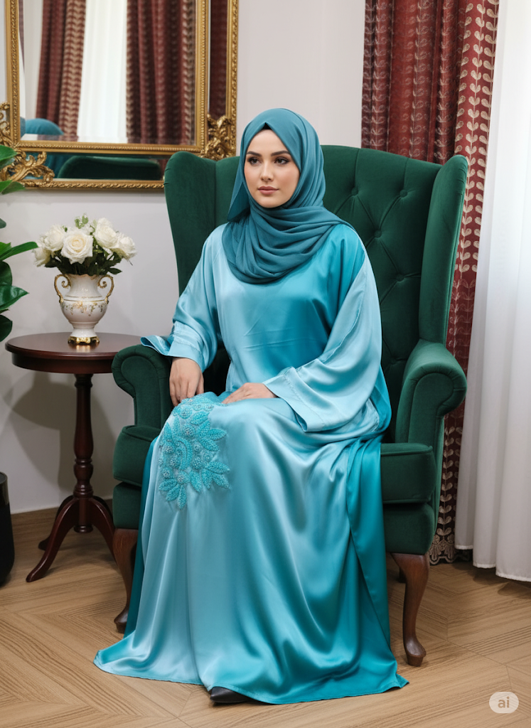 Dual Gleam Kaftan style Abaya Color :Lemon,Sea-Green,Blue