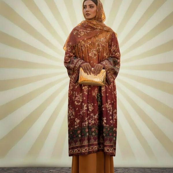 Floral Whisper  Abaya-Front open frock style(with dupatta)-Color:Maroon and Mustard