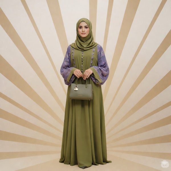 Zeenat Front-Closed Abaya | Mehndi Green Georgette Abaya with Printed Purple Sleeves | Semi-Formal Modest Wear
