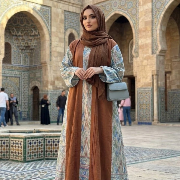 Sahara Elegance Abaya-Front Closed Style-Color:Green and Brown