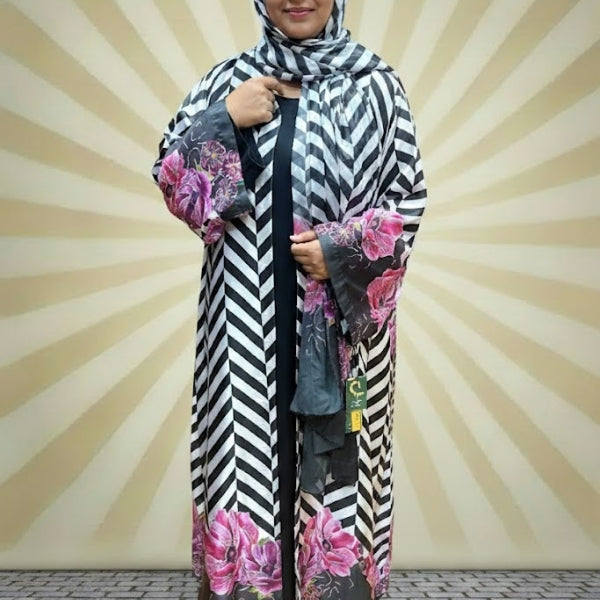 Floral Edge Grace Abaya-Upper style with dupatta (without inner)-Color:Black and White