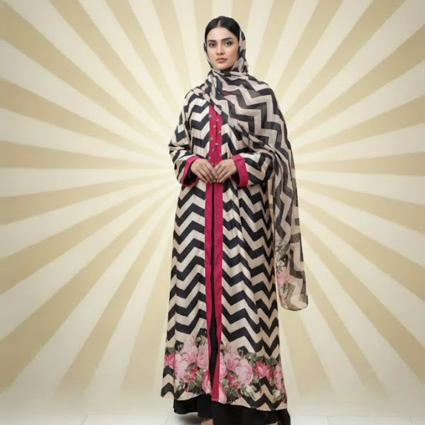 Zigzag Elegance Abaya-Upper style with dupatta(without inner)-Color: Black and off- white