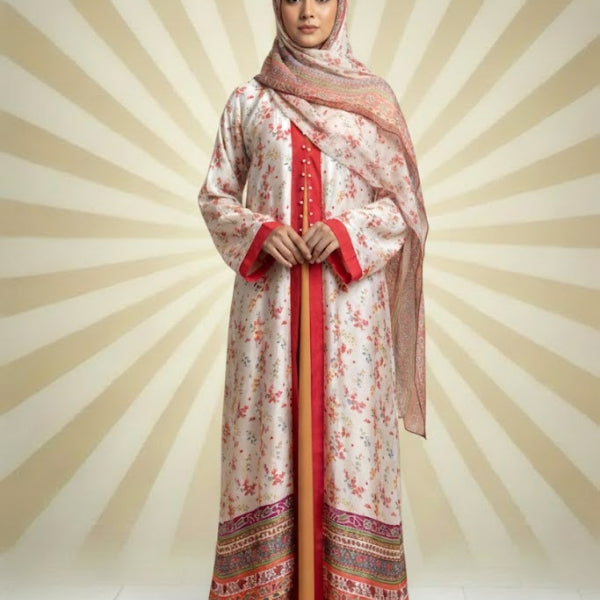 Crimson Edge Pearl Abaya-Upper Style with dupatta(without inner)-Color:Off-White and Red