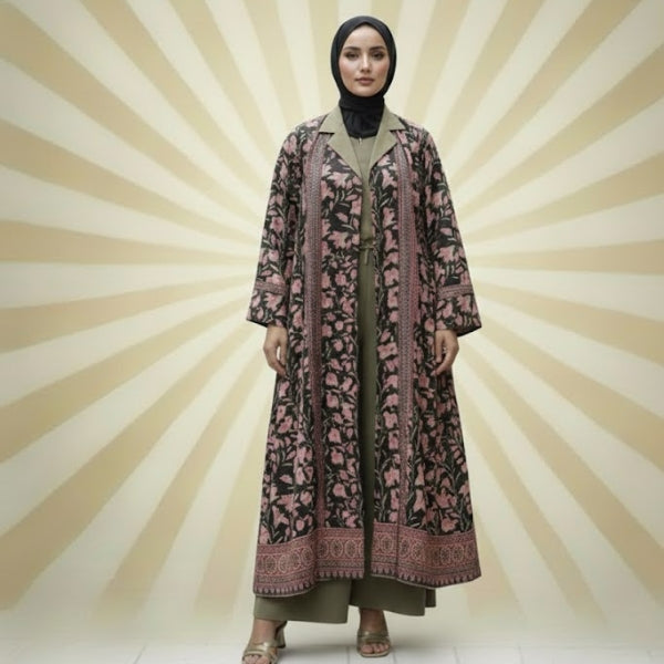Floral Luxe  Abaya-Coat upper style(with dupatta)-Color:Black