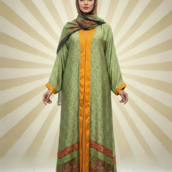 Emerald Pearl Abaya-Upper style with dupatta (without inner)-Color:Parrot-Green and Orange