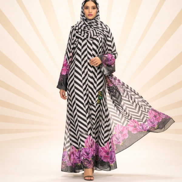 Floral Elegance  Abaya Front closed frock style(with dupatta)