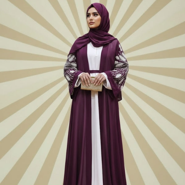 Refiné Embroidery Shrug Abaya-Upper Style (with inner)-color:Magenta,Baige