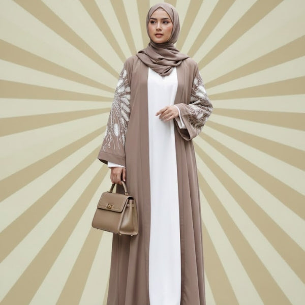 Refiné Embroidery Shrug Abaya-Upper Style (with inner)-color:Magenta,Baige