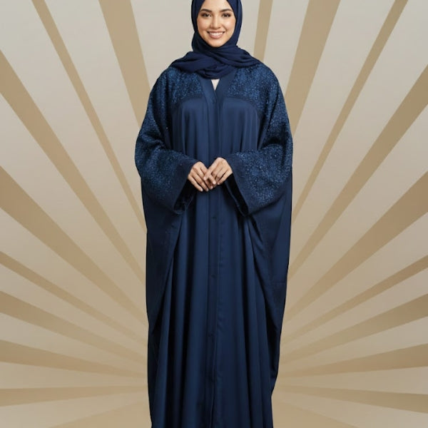 Aqua Royal Embroidered Kaftan Abaya-Color:Blue,Sky-Blue