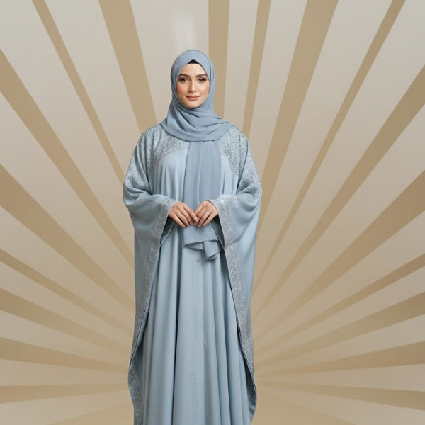 Aqua Royal Embroidered Kaftan Abaya-Color:Blue,Sky-Blue