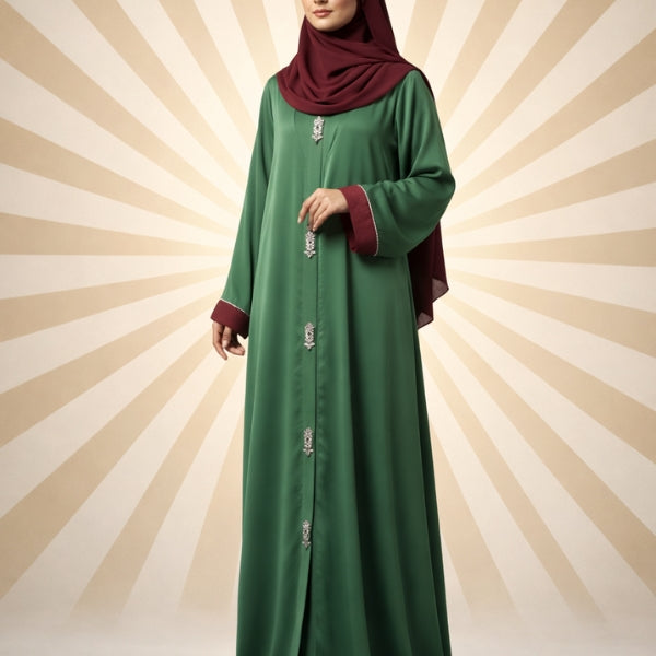 Royal Sheen Abaya-Front open style-Color:Bluish-Purple,Green,light Peech,Baige
