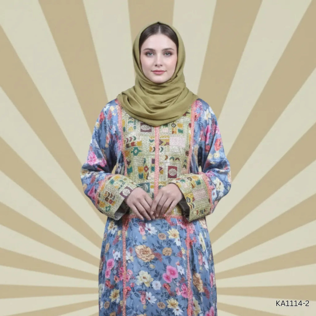 Amber Grey silk Abaya-Front closed style- Color:Grayish-Blue,Peech,Leaf-Green,Parrot-Green,Black