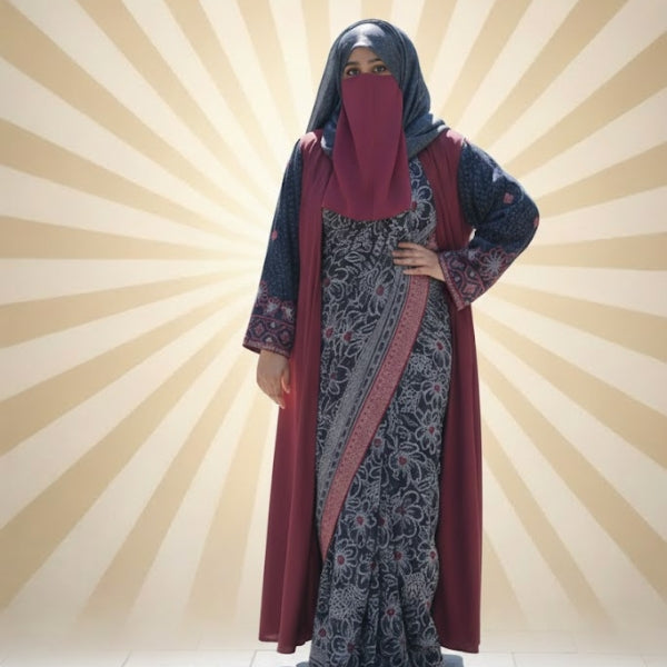 Rose Radiance Abaya-Saree Style -Color: Black and Maroon
