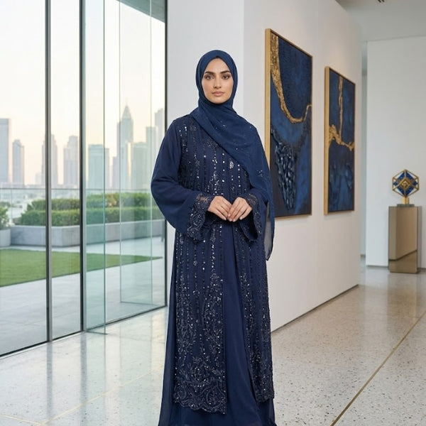 Sapphire Elegance Abaya-Upper Style-Color: Nevy-Blue