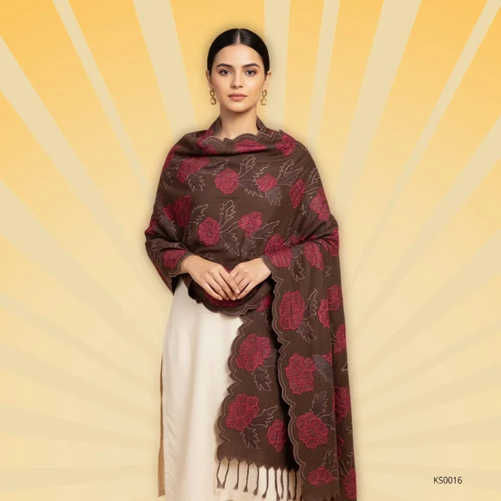 Woolen  Applique shawl-Color:Brown