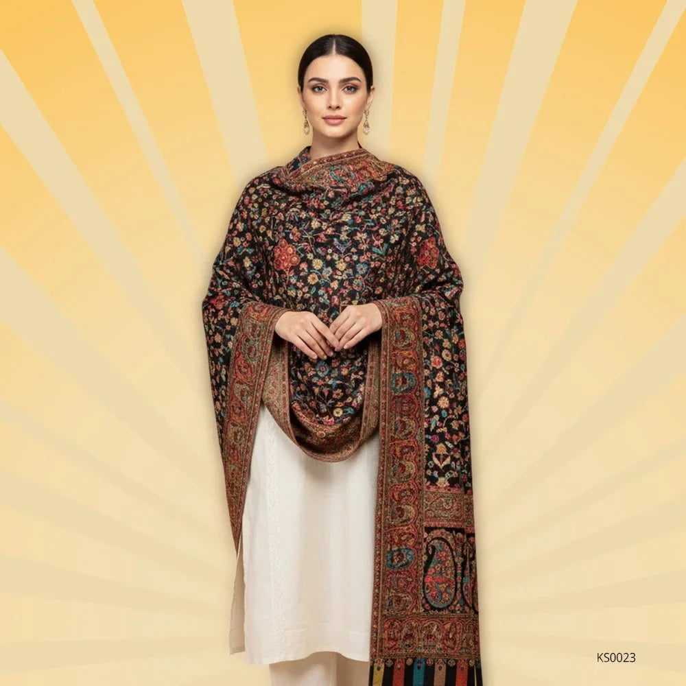 Black Kashmiri Kani Shawl.* featuring intricate handwoven paisley motifs in multi-shades.