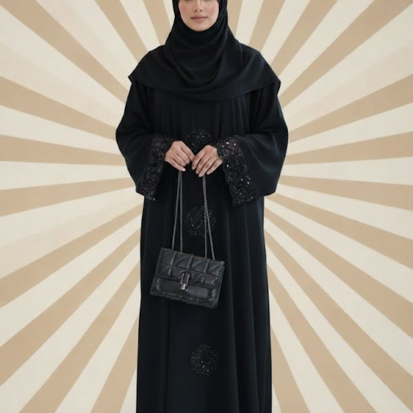 Pearl noir abaya- Front closed style- Color:Black